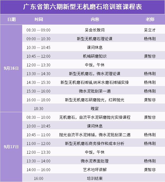 廣東省第六期新型無機磨石培訓(xùn)班課程表